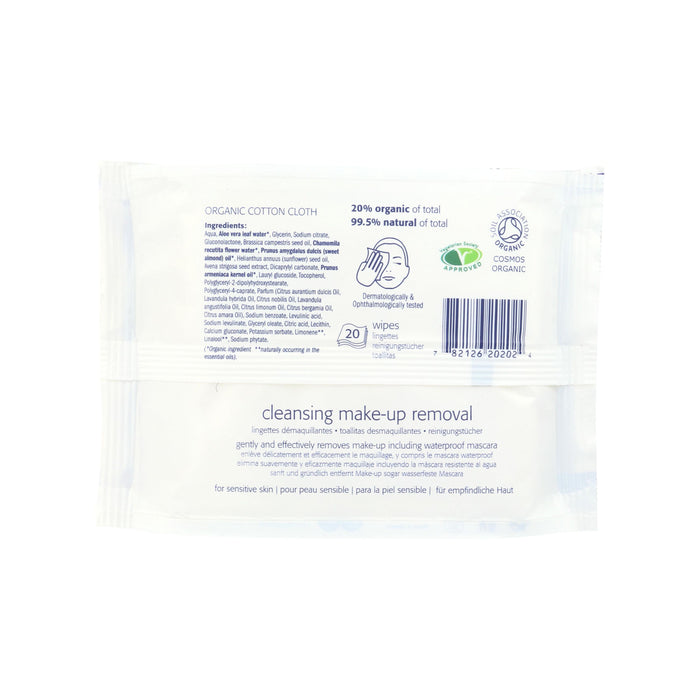Natracares Cleansing Make Up Removal Wipes, ideal for sensitive skin, include 20 wipes made with 20% organic and 99.5% natural ingredients, COSMOS certified quality, and come with branded logos and recycling symbols.