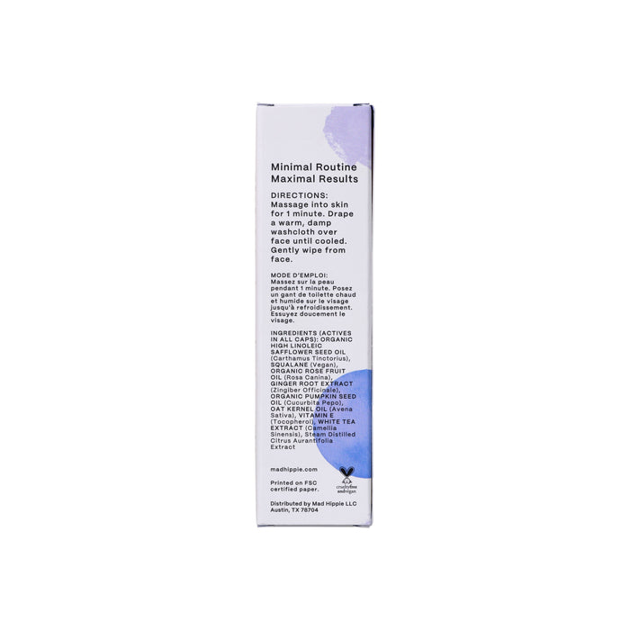 The Mad Hippie Cleansing Oil comes in a white box with black text detailing usage instructions, distribution info, and its organic ingredients. Purple paint splashes on the top right and bottom left corners evoke natural skincares essence.