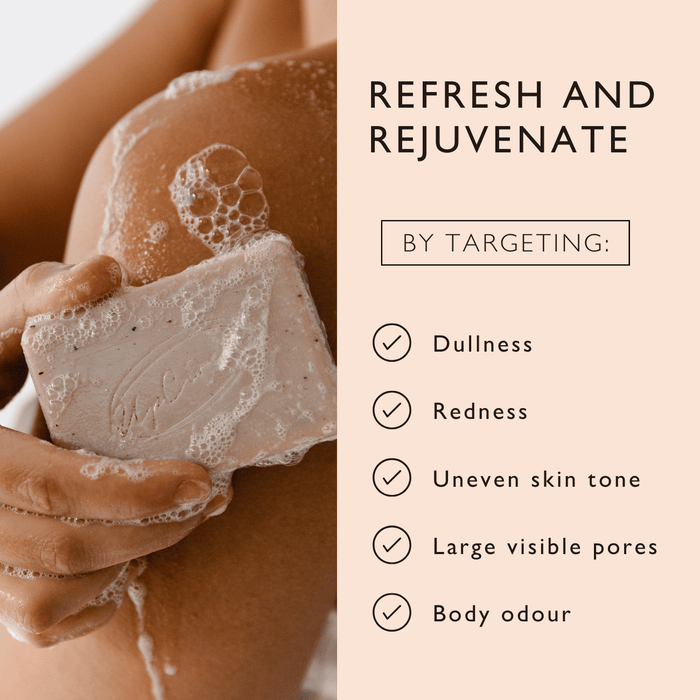 A person lathers their shoulder with soap, surrounded by bubbles. The text reads: "REFRESH AND REJUVENATE by targeting: Dullness, Redness, Uneven skin tone, Large visible pores, Body odour.
