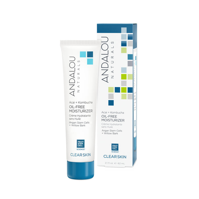 The Clear Skin Acai + Kombucha Oil-Free Moisturizer by Andalou Naturals, in a white tube with blue and black text, highlights ingredients like acai, kombucha, and fruit stem cells. The packaging features the brands logo.