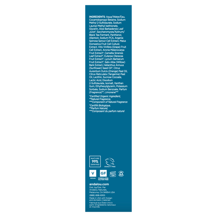 A blue label for Andalou Naturals Clear Skin Citrus Kombucha Cleansing Gel lists ingredients and certifications like Nature Derived 99%, Vegan, Gluten Free, fruit stem cell complex; ideal for blemish-prone skin. Website andalou.com at the bottom.