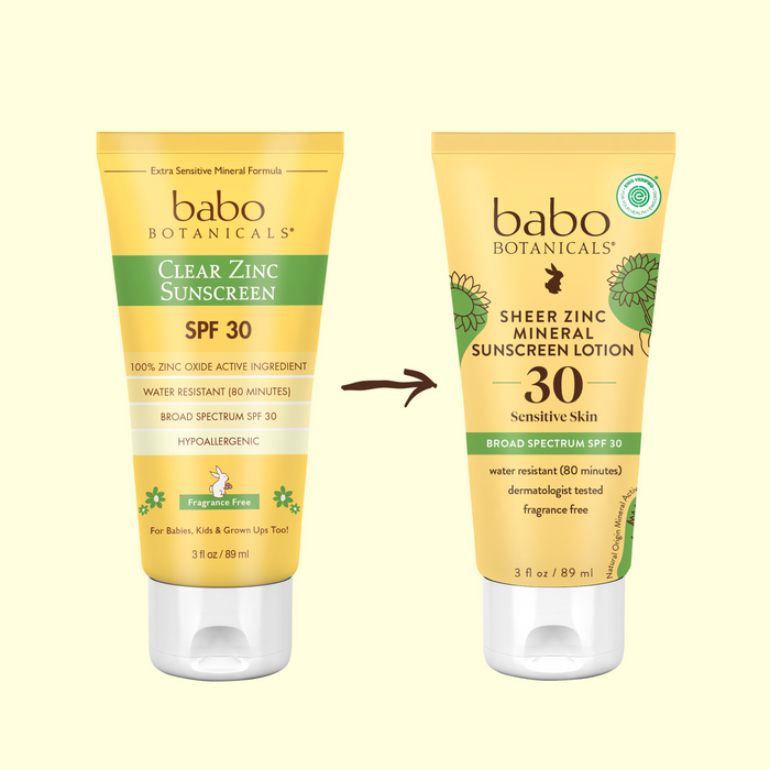 Two yellow Babo Botanicals sunscreen tubes offer Broad Spectrum SPF 30 protection. The left is Clear Zinc Sunscreen Lotion - SPF 30, and the right Sheer Zinc Mineral Sunscreen Lotion SPF 30. Both are gentle on sensitive skin, fragrance-free, and connected by arrows.
