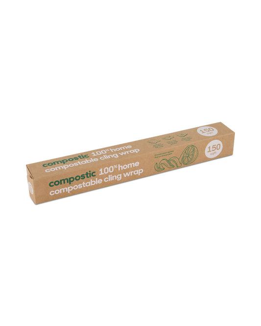 A rectangular brown box labeled Compostic Cling Wrap features green and white text, a fruit slices illustration, and a 150-foot length. Made from renewable plant-based materials, it is 100% home-compostable.