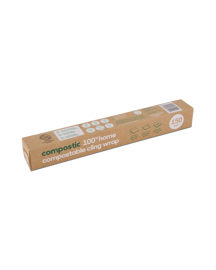 Compostics Cling Wrap, 100% home-compostable and made from renewable plant-based materials, comes in brown packaging with green and white text. It contains 150 sheets, with icons emphasizing its eco-friendly features.