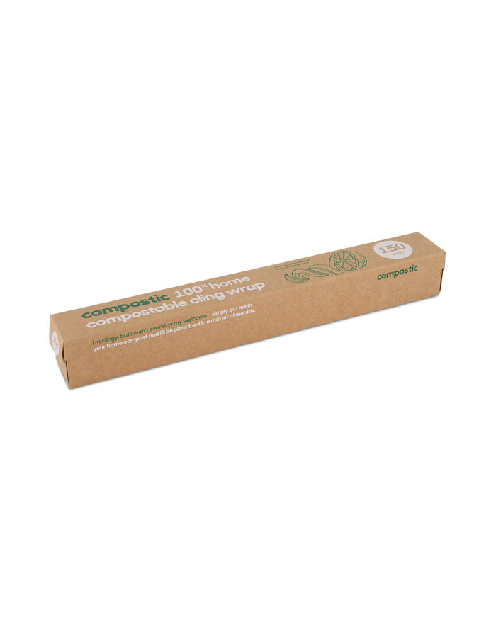 A rectangular brown box labeled Compostic Cling Wrap, 100% home compostable is showcased, featuring green and white text with a small circular logo and graphics highlighting its plant-based renewable materials.
