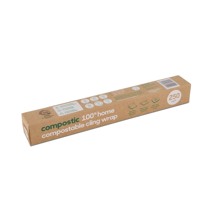 A brown Compostic Cling Wrap box, made from renewable plant materials and 100% home-compostable, is shown. The wrap, featuring green and white text with an eco-friendly symbol, measures 250 feet.