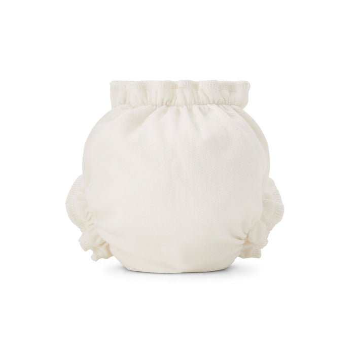 The Esembly Baby Cloth Diaper Inner, Size 1, crafted from 100% OEKO-TEX Certified Unbleached Organic Cotton, features ruffled edges on a simple white background. Its blowout-proof design gathers snugly at the waist and legs for a soft, fluffy shape offering both comfort and functionality.