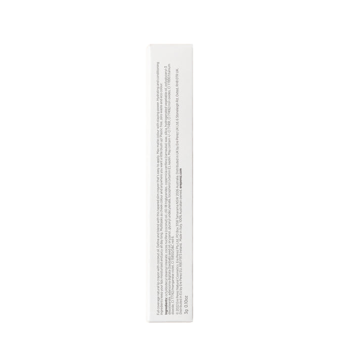 Side view of a white rectangular box with small vertical text, housing the Coco Crayon, featuring a hydrating creamy formula by Ere Perez.