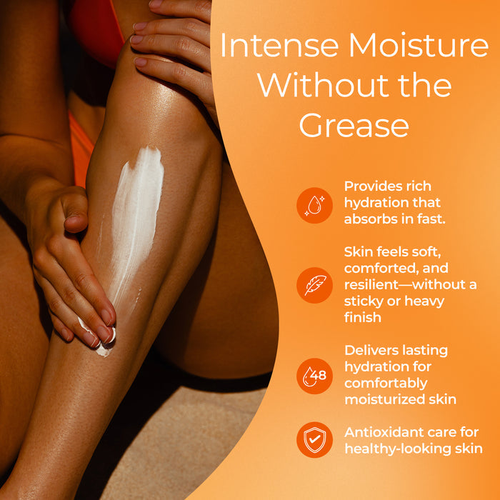 While sitting in sunlight, a person applies Tree To Tub’s Moisturizing Coconut, Cocoa & Shea Butter Body Butter for fast absorption, rich hydration, no greasy feel, long-lasting moisture, and antioxidant care for healthy skin.