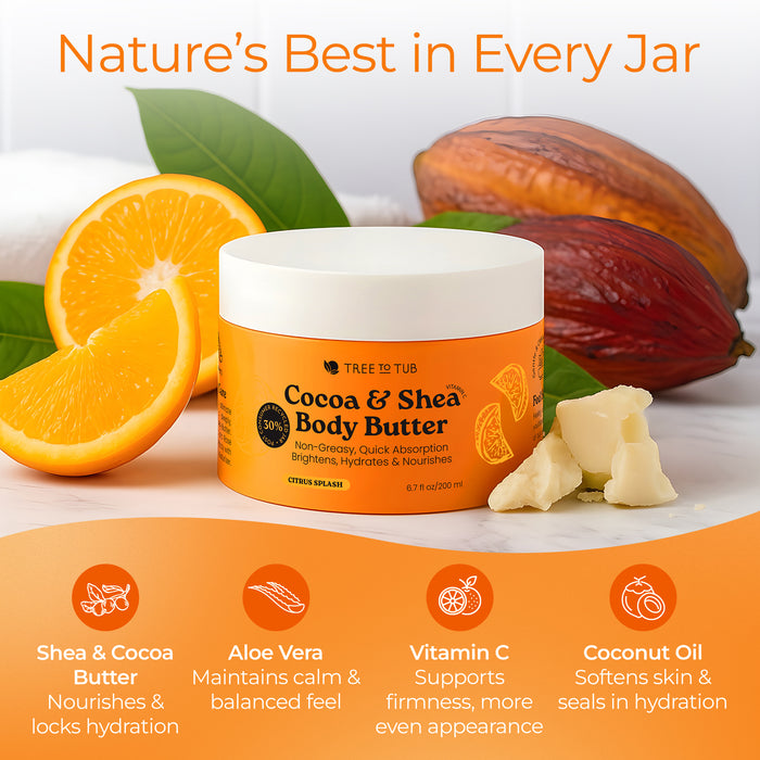 An open orange jar of Tree To Tub Moisturizing Coconut, Cocoa & Shea Butter Body Butter reveals its creamy texture. Surrounded by cocoa beans, shea butter chunks, and leaves, it offers rich nourishment for dry skin.