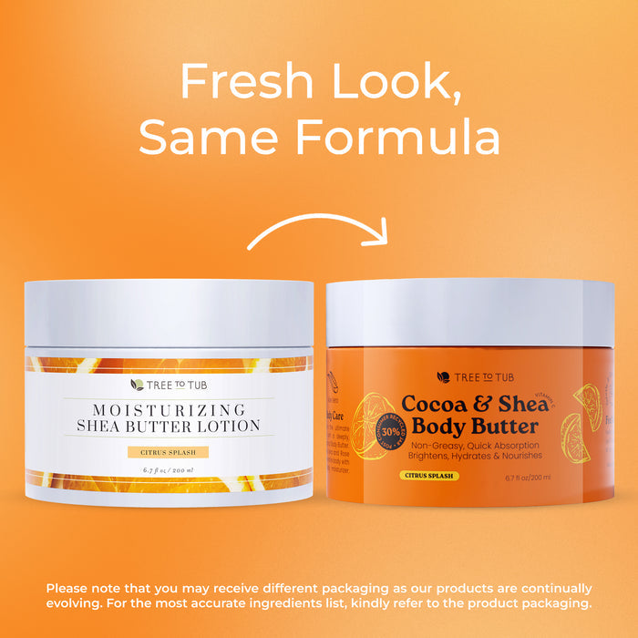 Two Tree To Tub body butter jars on an orange gradient background. Left: white jar. Right: orange jar labeled Moisturizing Coconut, Cocoa & Shea Butter Body Butter. Text above: Fresh Look, Same Formula.