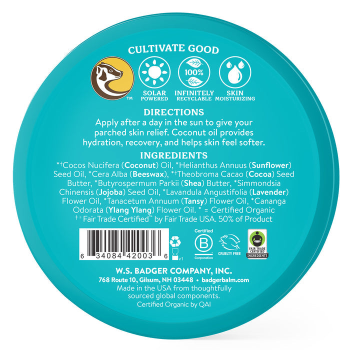 A circular teal label for Badger Balms Coconut After Sun Balm Tin features solar powered, infinitely recyclable, and skin moisturizing. Directions and natural ingredients like coconut oil and organic shea butter are listed.