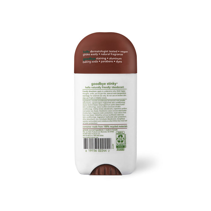 The image shows a stick of hello Coconut Deodorant with Shea Butter, featuring a brown cap and white body. The back label highlights its dermatologist-tested, vegan, and cruelty-free formula, promising goodbye stinky with natural deodorizing fragrance to keep you fresh without harsh chemicals.