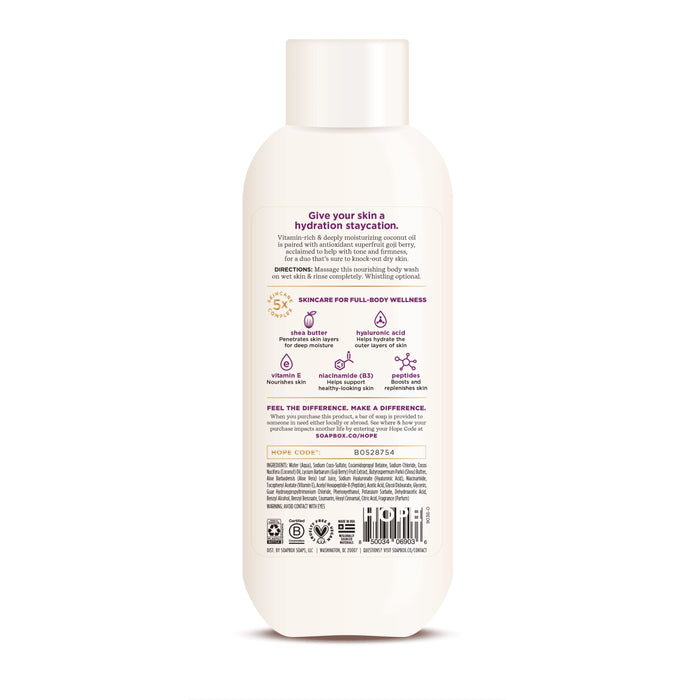 The Coconut + Goji Berry Nourishing Body Wash from Soapbox, showcases hydration benefits for dry skin with goji berry, shea butter, and peptides. It features usage directions and recycling info on a white label with certification icons displayed at the bottom.