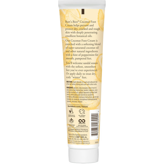 A tube of Burts Bees Coconut Oil Foot Creme in a white, yellow, and brown design highlights its moisturizing benefits and provides usage instructions, with certifications and contact info at the bottom.
