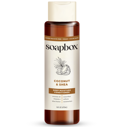 Soapboxs Coconut & Shea Deep Moisture Conditioner is a 16 fl oz hydrating option, featuring a sulfate-free, vegan, and color-safe formula enriched with coconut oil, vitamin E, and shea butter.
