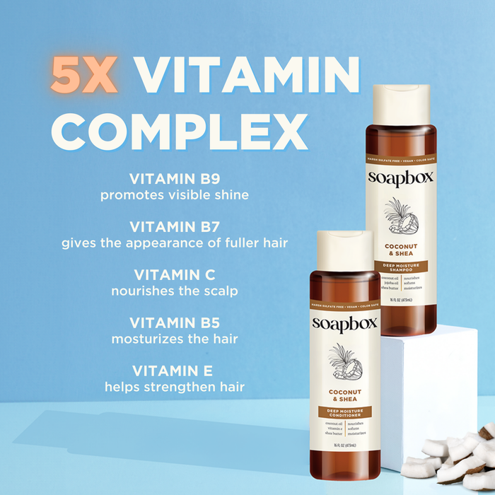 Image of two bottles of Soapbox Coconut & Shea Deep Moisture Conditioner on a geometric platform. Text emphasizes a 5X Vitamin Complex enriched with coconut oil: B9 for shine, B7 for volume, C for scalp health, B5 for hydration, and E for strength. Coconut pieces are nearby.