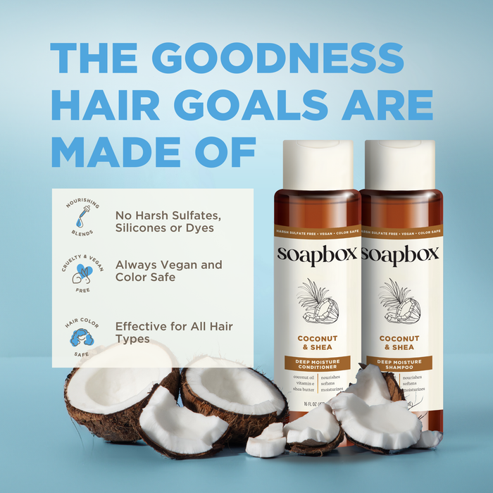 Two Soapbox Coconut & Shea Deep Moisture Conditioner brown bottles, surrounded by halved coconuts, feature text: No Harsh Sulfates, Silicones, or Dyes, Enhanced with Coconut Oil, Always Vegan and Color Safe. Blue background.