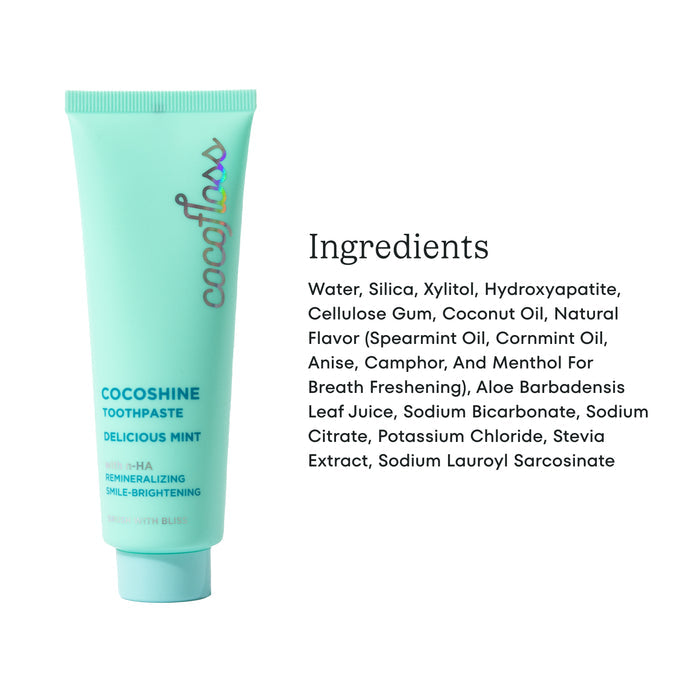 A tube of Cocofloss toothpaste labeled "Delicious Mint" on the left, with a list of ingredients on the right. The tube is mint green and features the Cocofloss logo. Ingredients include water, silica, xylitol, coconut oil, and aloe leaf juice.