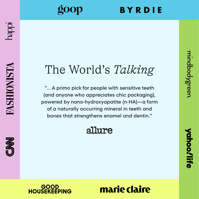 A pastel graphic features a quote about enamel strengthening with Cocoshine Whitening Toothpaste by COCOLAB for sensitive teeth, bordered by media outlet names like Allure, CNN, Goop, Marie Claire, and Good Housekeeping.