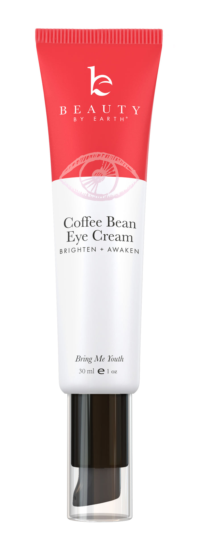 Beauty by Earth’s Coffee Bean Awakening Eye Cream, infused with coffee seed extract, is designed to Brighten + Awaken and effectively reduce dark circles. It comes in a 30 ml (1 oz) size and features primarily white and red packaging with a transparent cap.