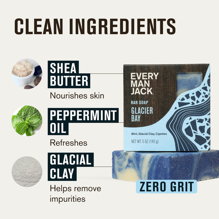 Every Man Jack Cold Plunge Bar Soap packaging is shown next to blue and white soap, inspired by a cool rush. Highlights include shea butter (nourishes), peppermint oil (refreshes), glacial clay (removes impurities), and “Zero Grit” text.