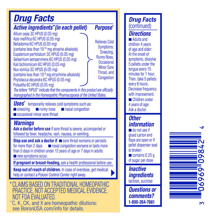 The image features a yellow and blue label for Boirons ColdCalm - On the Go. It lists drug facts, active ingredients like Allium cepa and Apis mellifica, usage instructions, warnings, and inactive ingredients. This non-drowsy cold medicine is available as convenient meltaway pellets.
