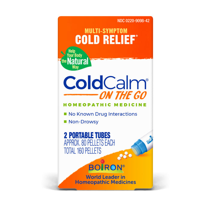 The image showcases Boirons ColdCalm - On the Go, a homeopathic cold medicine. It features meltaway pellets that offer multi-symptom relief without drowsiness or drug interactions. Inside are two portable tubes with 160 convenient pellets for any sniffle season.