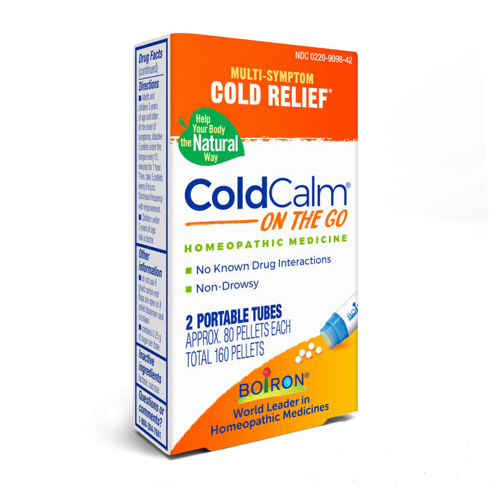 The ColdCalm - On the Go by Boiron is a homeopathic cold medicine in an orange and white box, offering non-drowsy, multi-symptom relief. It includes two portable tubes with about 80 meltaway pellets each.