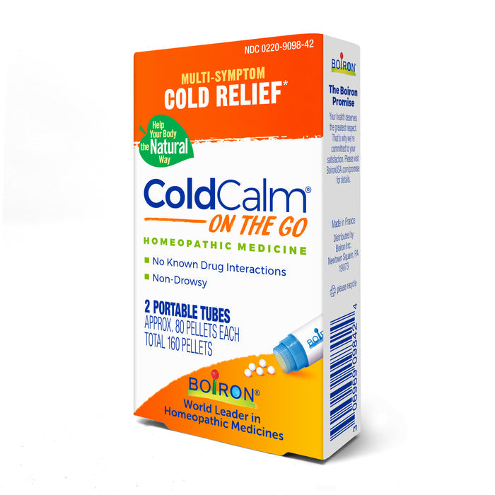 Image of Boirons ColdCalm - On the Go box showing homeopathic cold medicine with meltaway pellets for multi-symptom relief. The package includes two portable tubes holding 160 non-drowsy pellets and emphasizes no known drug interactions.