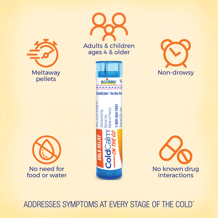 Image of Boiron ColdCalm On the Go meltaway pellets. Surrounding the product are icons and text: "Adults &amp; children ages 4 &amp; older," "Non-drowsy," "No need for food or water," and "No known drug interactions." The bottom text reads, "Addresses symptoms at every stage of the cold.