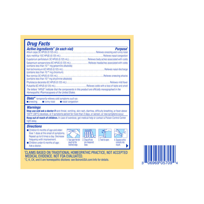 The ColdCalm Baby label by Boiron features active ingredients, purposes, instructions, warnings, and a barcode at the bottom right. Emphasizing non-FDA acceptance, it highlights traditional homeopathic cold relief for children with yellow and white design elements.