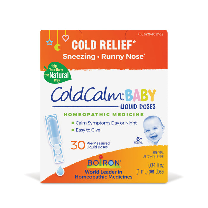 Boirons ColdCalm Baby offers 30 pre-measured liquid doses of homeopathic cold relief for infants 6 months and older, targeting sneezing and runny noses. This childrens medicine is 99.99% alcohol-free and easy to use.