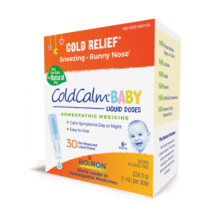 Picture of the ColdCalm Baby package by Boiron, a renowned brand in childrens cold remedies. This homeopathic solution relieves colds for babies 6 months and older, alleviating sneezing and runny noses with 30 pre-measured, alcohol-free doses featuring natural ingredients.