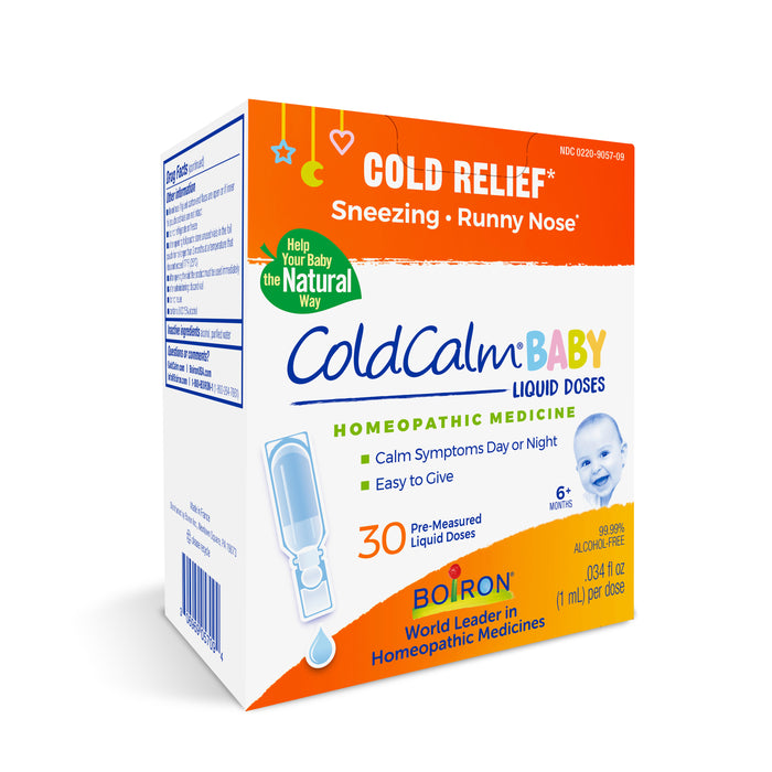 Image of Boirons ColdCalm Baby homeopathic cold relief medicine box for children 6 months and older, which relieves cold symptoms such as sneezing and a runny nose. The box includes 30 pre-measured liquid doses, each with 0.34 fl oz.