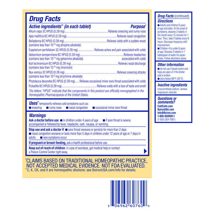 An image of Boirons ColdCalm tablets box shows Drug Facts, highlighting active ingredients, uses for symptoms like sneezing and runny nose, warnings, directions, and its non-drowsy nature. A disclaimer notes homeopathy isnt FDA-verified.