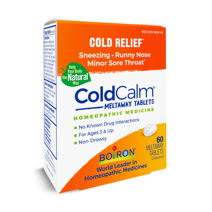 Boirons ColdCalm offers homeopathic cold relief with 60 tablets. Non-drowsy and safe for ages 3+, it alleviates sneezing, runny nose, and mild sore throat without known drug interactions.