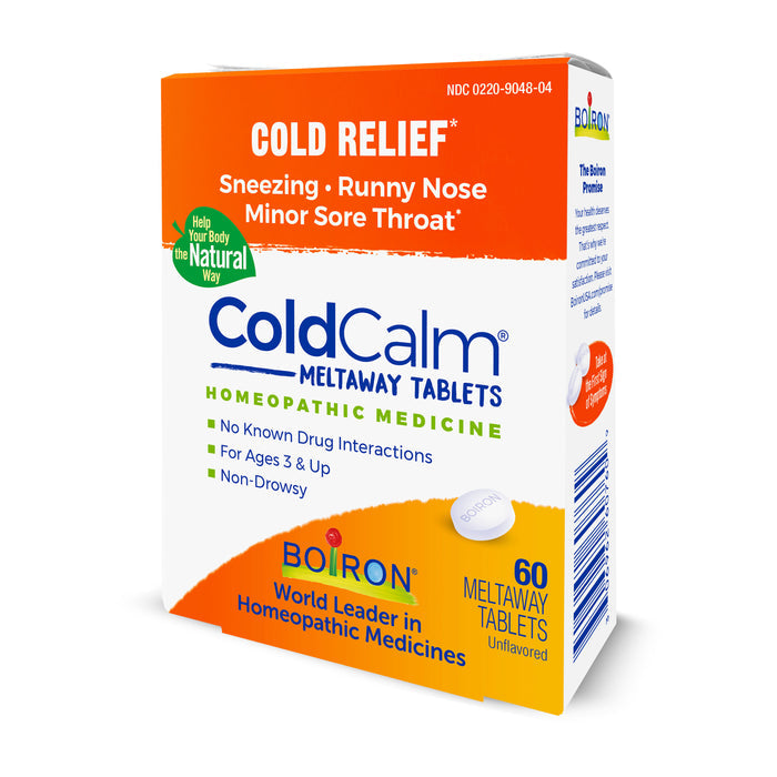 Box of Boiron ColdCalm, a homeopathic medicine for sneezing, runny nose, and minor sore throat relief. Ideal for ages 3+, this non-drowsy formula has no known drug interactions and includes 60 unflavored meltaway tablets.