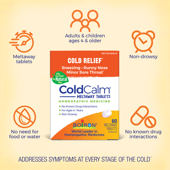 Image of a box of Boiron ColdCalm Meltaway Tablets with text and icons highlighting its features. The text mentions it's suitable for adults and children ages 4 and older, addresses cold symptoms, is non-drowsy, has no known drug interactions, and needs no water for administration.
