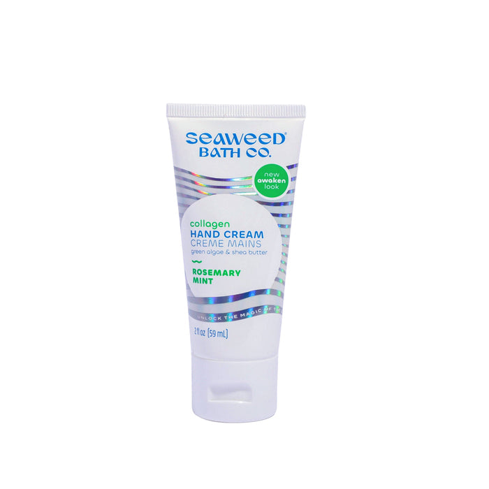The Seaweed Bath Cos Collagen Hand Cream blends aloe and shea butter with a rosemary mint scent, promoting healthy skin with bio-mimicking collagen. It comes in a sleek 2 fl oz (59 ml) white and blue tube, boasting the new awaken look.