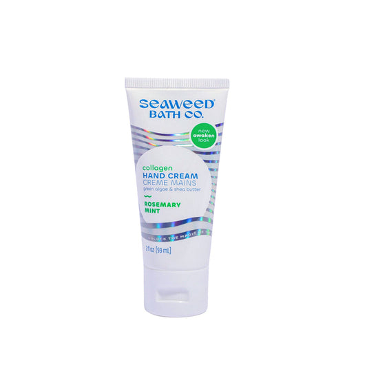 The Seaweed Bath Cos Collagen Hand Cream blends aloe and shea butter with a rosemary mint scent, promoting healthy skin with bio-mimicking collagen. It comes in a sleek 2 fl oz (59 ml) white and blue tube, boasting the new awaken look.
