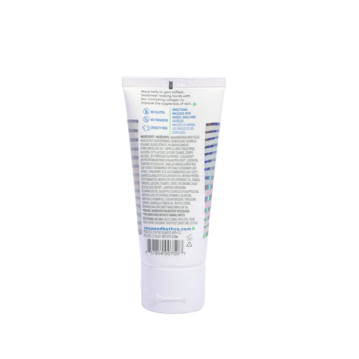 A white Collagen Hand Cream tube by The Seaweed Bath Co, featuring blue and silver text, showcases bio-mimicking collagen ingredients. The bottom cap has a metallic stripe design. Contact details provided for achieving healthier-looking skin with each use.