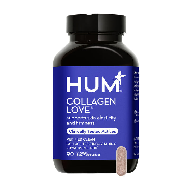 A black bottle with a blue label reads HUM Nutrition Collagen Love. It promises to reduce fine lines and support skin elasticity with clinically tested actives. The product contains 90 capsules of collagen peptides, vitamin C, and hyaluronic acid, with one capsule shown beside the bottle.