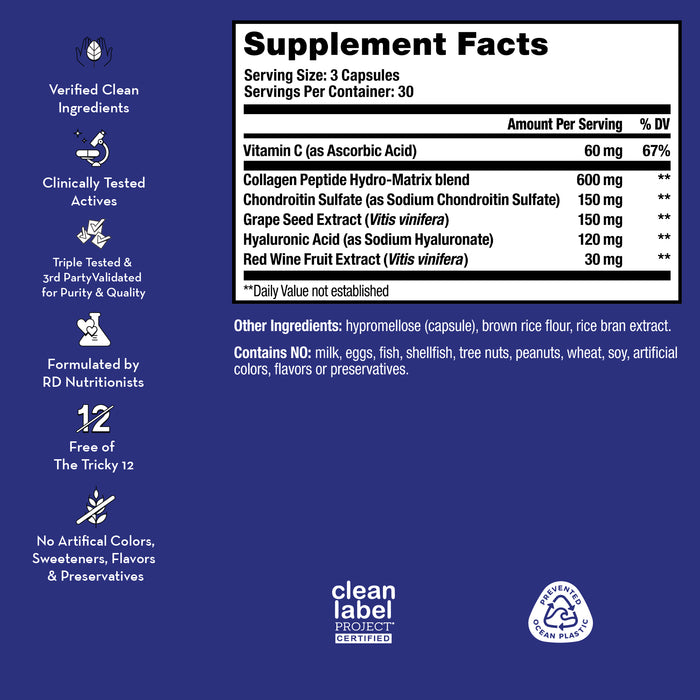 Supplement facts label from a product, listing ingredients including Vitamin C, Collagen Peptide Hydro-Matrix, Chondroitin Sulfate, Grape Seed Extract, Hyaluronic Acid, White Willow Bark Extract. The label highlights various quality certifications.