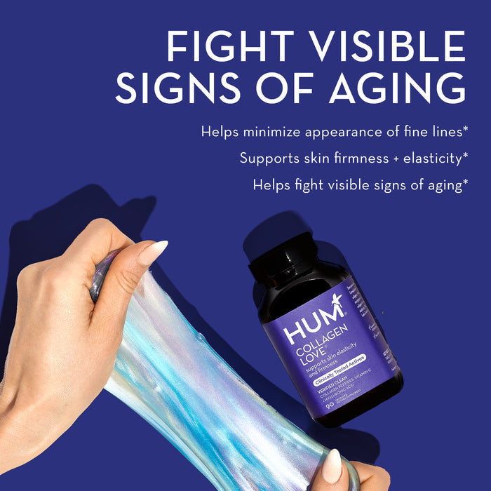 A hand stretches an iridescent, luminous substance on the left. A bottle of HUM Collagen Love dietary supplement is positioned upright. The text above reads, "FIGHT VISIBLE SIGNS OF AGING," with additional benefits listed below in smaller font.
