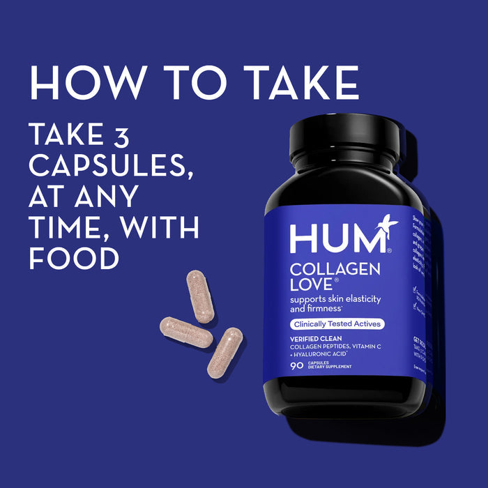 A bottle of HUM Collagen Love supplement is placed against a dark blue background with the text "HOW TO TAKE: Take 3 capsules, at any time, with food." Three beige capsules are scattered near the bottle. The bottle label mentions it contains 90 capsules.