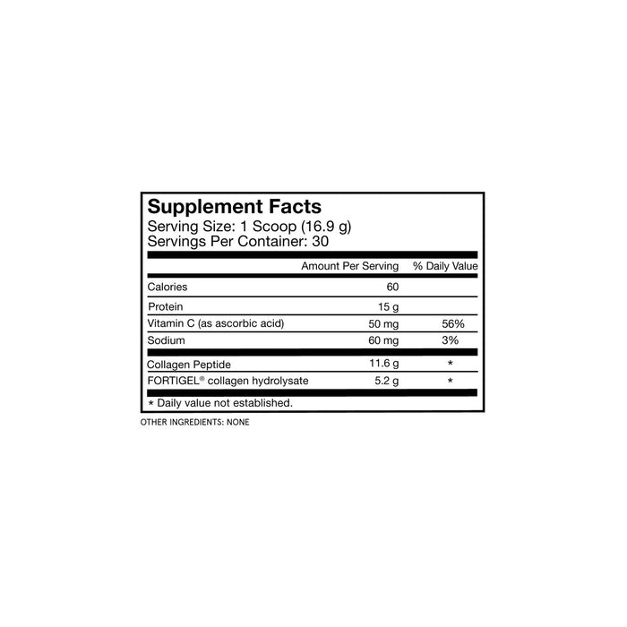 Supplement facts label for Momentous Collagen Peptides: 30 servings per container, each serving has 60 calories, 15g protein, 50mg Vitamin C, 60mg sodium. Includes grass-fed bovine collagen with 11.6g Collagen Peptides and 5.2g FORTIGEL® collagen hydrolysate.