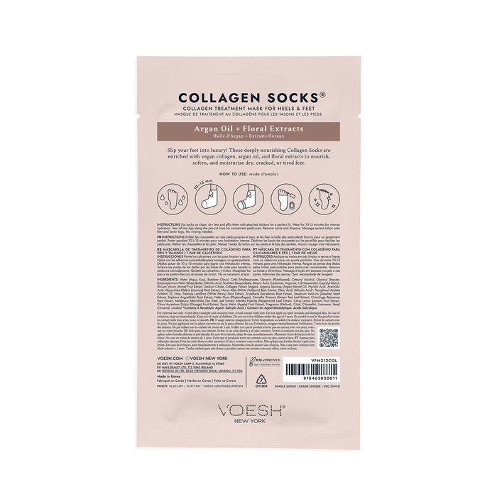 The image displays a beige package of Collagen Socks Trio, a foot mask by VOESH New York, designed for foot care with a vegan formula enriched with argan oil and floral extracts. Icons detail steps and benefits for easy application.
