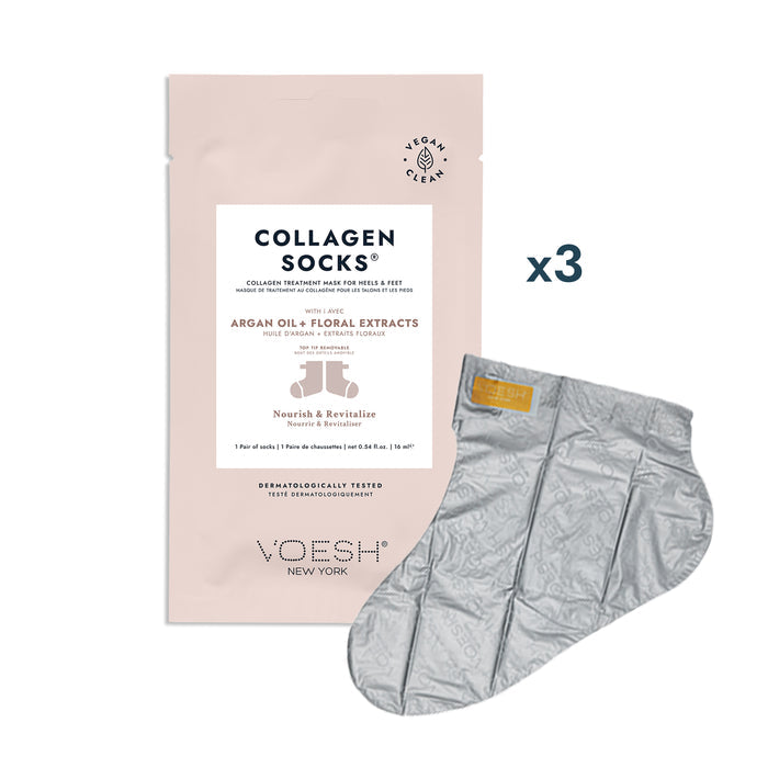 The image shows a package of Voesh New York Collagen Socks displayed next to a pair of the silver-colored socks. The package mentions "Collagen treatment for your hands & feet" with argan oil and floral extracts. The set includes three pairs of socks.