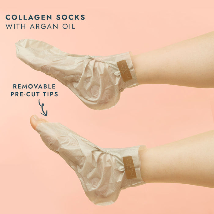Two feet are snuggly wrapped in translucent, plastic-like socks labeled Collagen Socks Trio by VOESH New York. The vegan formula boasts removable pre-cut tips, highlighted with a dainty arrow on a soothing peach background.